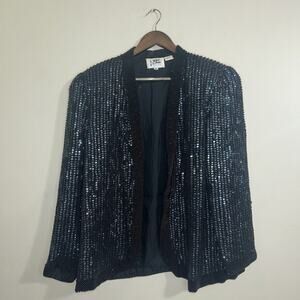 Vintage Niteline Black Blue Long Sleeve Beaded Blazer 100% Silk Size XL